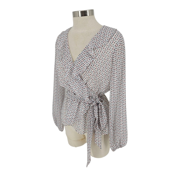Max Studio Faux Wrap Blouse White Polka Dot Long Sleeve Ruffle VNeck Shirt Small - Picture 3 of 7